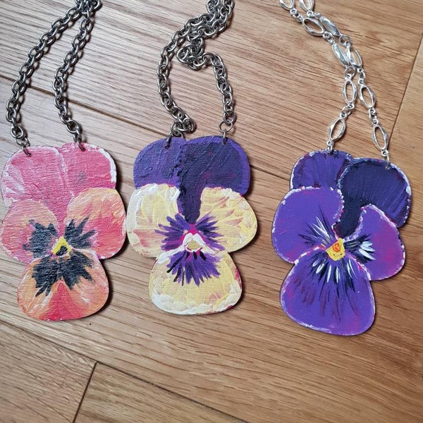 Stunning pansy handcrafted necklace. By Devon artist and designer Sally Moore. INTRODUCTORY PRICE. In three colourways.