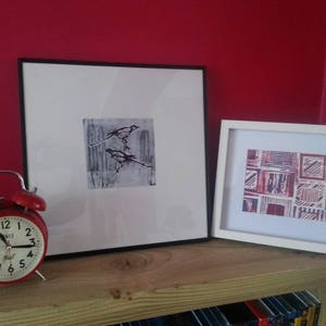 Acrylic mono lino print, &#39;Two for joy&#39;. Magpie print first copy.