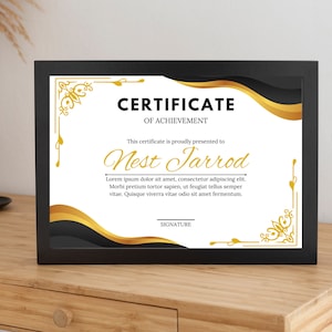 Gold und Schwarz Elegante Zertifikatsvorlage, Custom Achievement Award Design, druckbares Diplom, bearbeitbare Vorlage