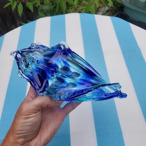 Handblown Glass Sea Shell Dark Blue and Light Blue Swirl