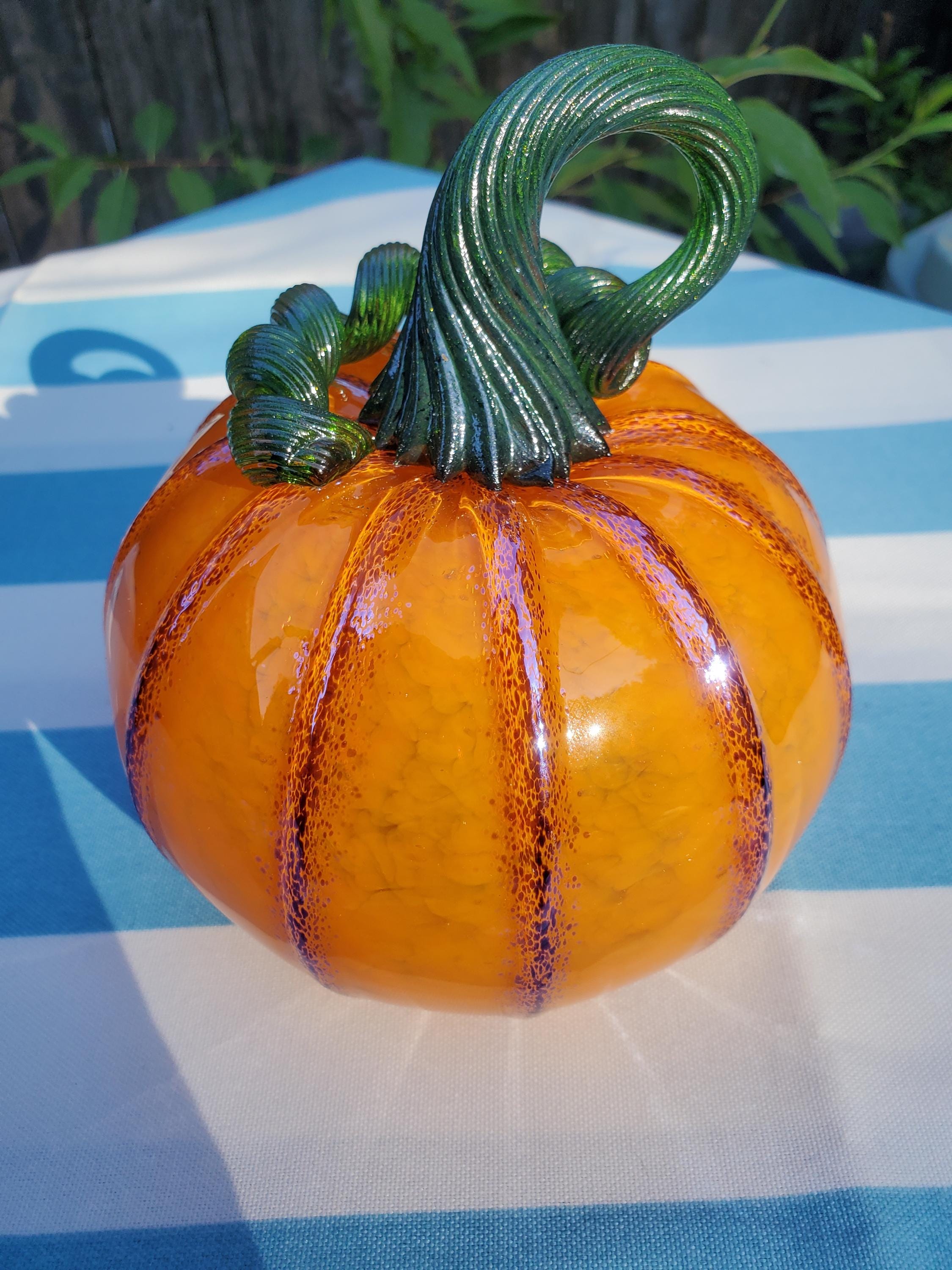 Handblown Glass Pumpkin with Green Stem Orange with Shiny Ridges
