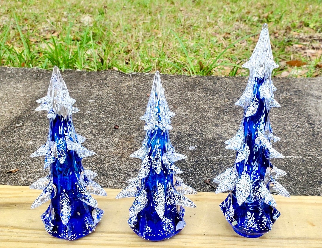 Dark Blue Handblown Glass Christmas Tree With White Snow small, Medium