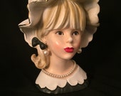 Rare Relpo K 1782 Lady Head Vase Pearl Necklace and Earrings 1950 Glam Gold Trimmed Hat Red Lipstick