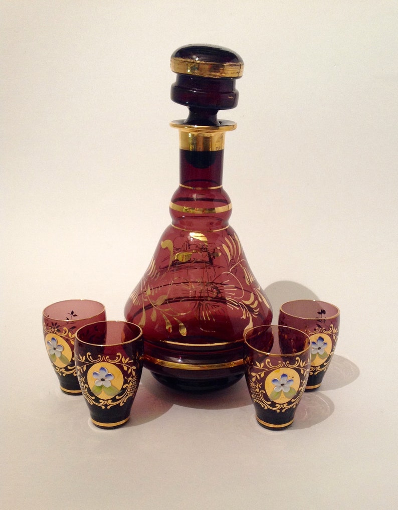 Bohemian Decanter Set Rare 4 Matching Glasses Purple Gold Etsy