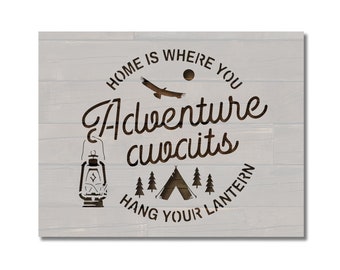 Home Is Where You Hang Your Lantern Camping Stencil Template Reusable Multiple Sizes for Painting on Walls, Wood, Arts and Crafts (1018)