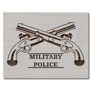 May include: A wooden sign featuring a crossed pair of antique pistols in a dark brown color. The words "MILITARY POLICE" are printed in a bold, dark brown font below the pistols. The background is a light gray, wood-grain pattern.