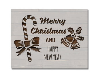 Merry Christmas Happy New Year Bells Candy Cane Stencil Template Reusable Multiple Sizes for Painting on Walls, Wood, Arts and Crafts (1023)