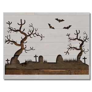 Graveyard Cemetery Halloween Stencil Template Reusable Multiple Sizes for Painting on Walls, Wood, Arts and Crafts (916)