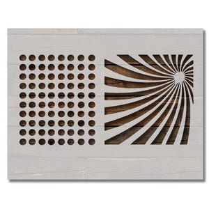 May include: A stencil with two designs: a grid of circles and a sunburst pattern. The stencil is made of a thin, white material and is designed to be used with paint or other mediums.