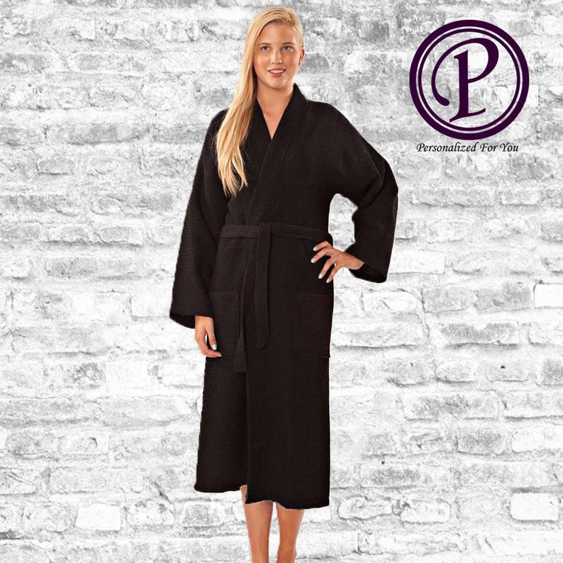 Black Long Waffle Robe Monogrammed Robe Embroidered Robe Etsy