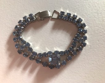 Pale Blue Rhinestone and Silver Metal Bracelet, Chaton & Baguette Stones, Pale Blue Crystal Bracelet, Vintage, Sparkly and Delicate