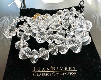 JOAN RIVERS Long Clear Lucite Bead Necklace, Single Strand, Classics Collection, 1990s Vintage, Monogrammed Pouch