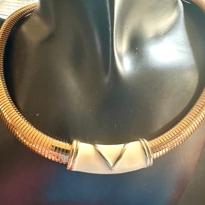 MONET Omega Chain Collar Necklace, Gold Tone Metal & Cream Enamel, Enamel Centrepiece, 1970s Vintage