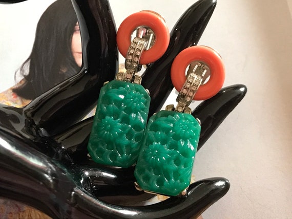 KJL Art Deco Style Dangle Clip on Earrings, Carved Faux Jade