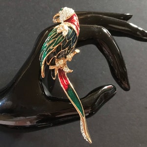 Large Enamel Parrot Brooch, Green & Red Enamel, Rhinestone Figural Pin, 1990s Vintage Bird Brooch, Rhinestone and Enamel Parrot