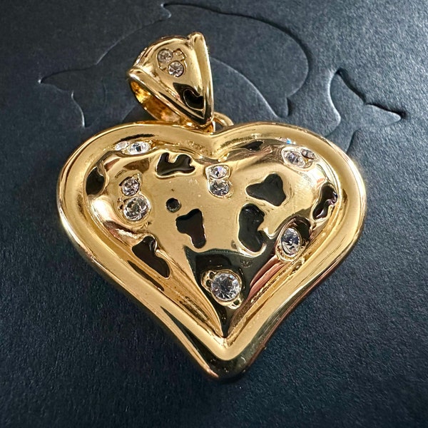 ALANA STEWART Puffed Heart Leopard Print Pendant, Rhinestone Accents, Reversible, No Chain, 1990s Vintage Heart