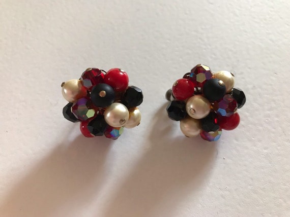 VENDOME Cluster Screw Back Earrings, Red & Black … - image 4