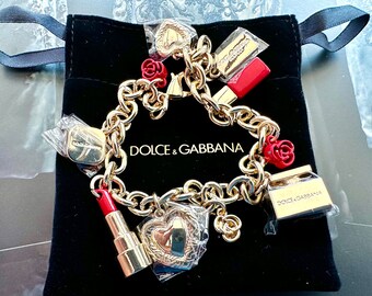 DOLCE & GABBANA Dangling Charms Bracelet, Lipstick Hearts and Roses, Red Enamel, 2000s Vintage