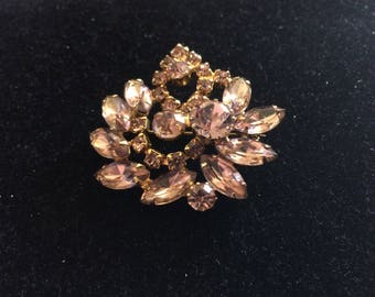 Gold Metal & Rhinestone Brooch, Pale Pink Rhinestone Pin, Juliana Style Pin, Vintage Brooch