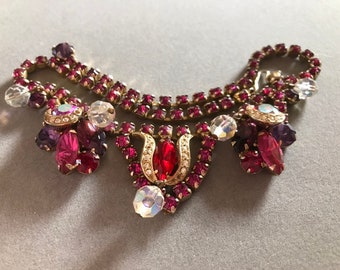 KRAMER Shades of Pink Rhinestone Bib Necklace, Clear Glass Faceted Bead Bib, Gold Swirls, Vintage Necklace, Signed Designer