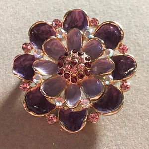 Vintage Enamel Layered Flower Brooch, Shades of Purple, Rhinestone Floral Pin, Gold Metal Figural Brooch, Pearlescent Enamel Flower