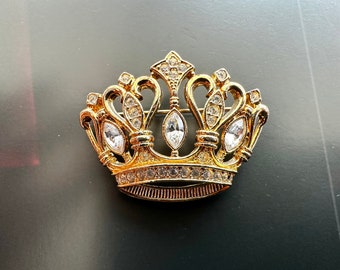 KJL for AVON Crown Brooch, Gold Tone Metal & Clear Rhinestones, Kenneth Jay Lane, 1990s Vintage