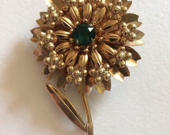 Large Gold Metal Flower Brooch, Layered Floral Pin, Green Glass Flower, Large Layered Floral Brooch, Vintage Floral Pin