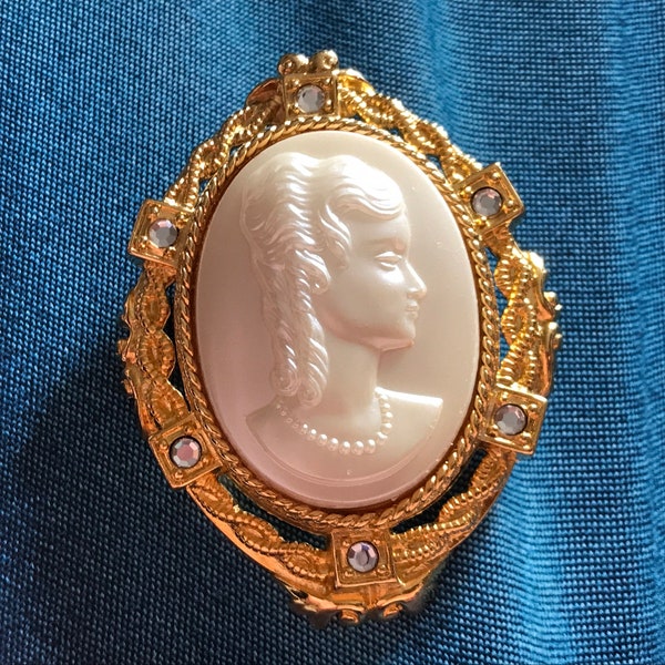 EDGAR BEREBI Large Pearl Glass Cameo Brooch, Limited Edition, 1980s Vintage Pin, Pendant Bail