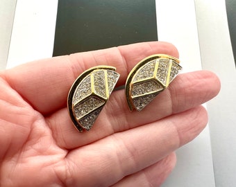 MONET Gold Tone Semi Circular Post Earrings, Pave Set Rhinestones, Pierced Ears, 1970s/80s Vintage