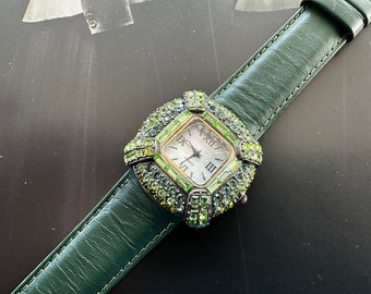 LAVINTAGE Green Pave Set Crystal Wristwatch, Green Leather 2 Piece Strap, Vintage Watch, Shades of Green, Needs Battery