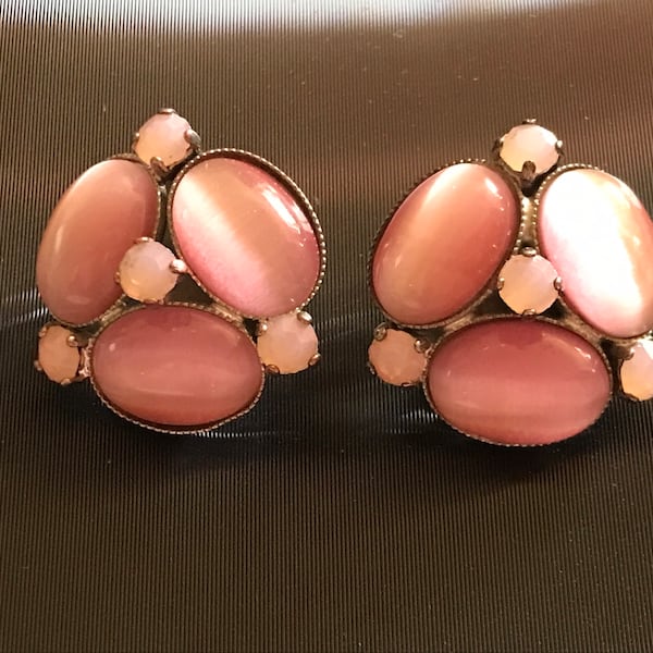 PHILIPPE FERRANDIS Pink Moonglow Lucite Clip On Earrings, Rhinestone Accents, Vintage Clip Ons