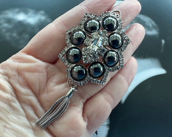 D&E JULIANA Hematite Cabochon Dangle Brooch, Delizza and Elster, Clear Rhinestones, Verified Piece, 1960s Vintage