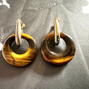 Early LES BERNARD Circular Tigers Eye Dangle Screw Back Earrings,  Gemstone, 60s70s Vintage