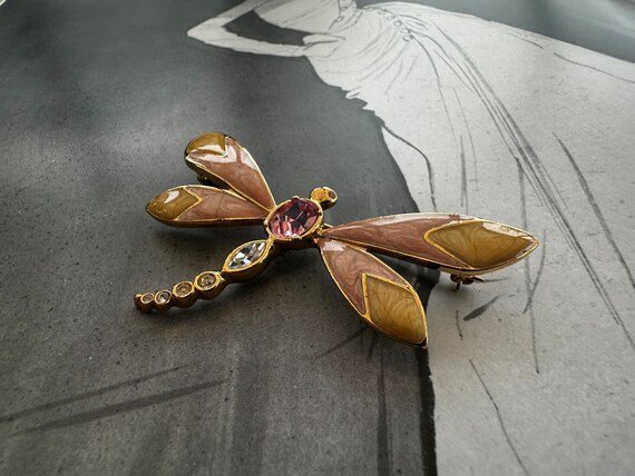 KJL for Avon, Enamel & Crystal Dragonfly Brooch, … - image 5