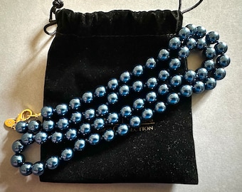 JOAN RIVERS Metallic Blue Glass Faux Pearl Necklace, Single Strand, Hand Knotted Faux Pearls, Classics Collection, 1990s Vintage