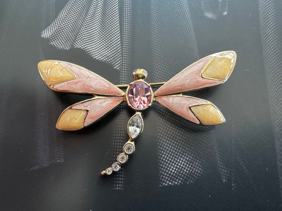 KJL for Avon, Enamel & Crystal Dragonfly Brooch, … - image 1