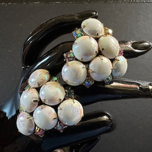 Triangular Clip On Earrings, Pearlescent Glass & Aurora Borealis Rhinestones, Climber Earrings, 1960s Vintage