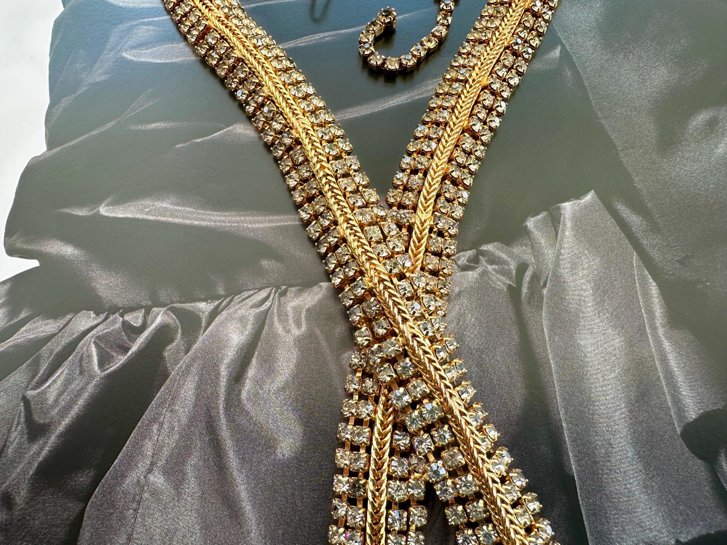 Clear Rhinestone Studded Gold Tone Fancy Chain Choker