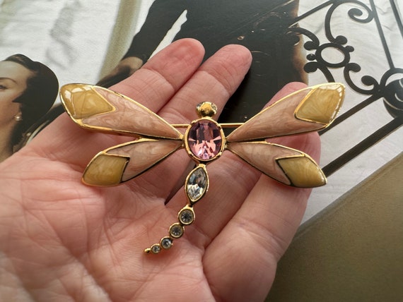 KJL for Avon, Enamel & Crystal Dragonfly Brooch, … - image 9