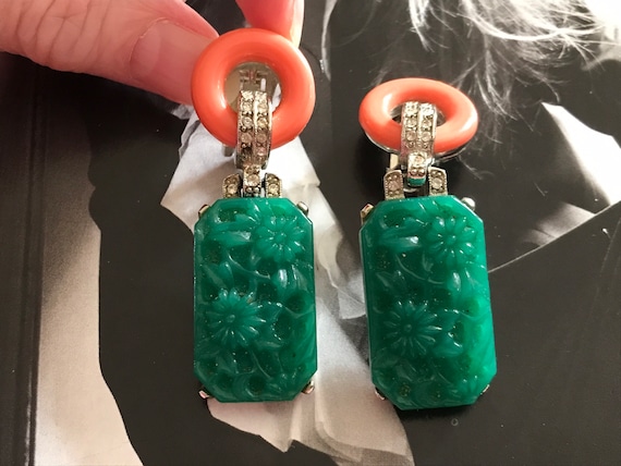 KJL Art Deco Style Dangle Clip on Earrings, Carved Faux Jade