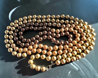 CAROLEE Long Ombre Glass Faux Pearl Necklace, Rope Length, Gold & Bronze, Single Strand, 1980s Vintage