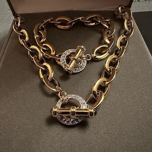 NOLAN MILLER Gold Plated Necklace & Bracelet Set, Glamour Collection, Crystal Embellishments, 1990s Vintage Demi Parure, Original Box