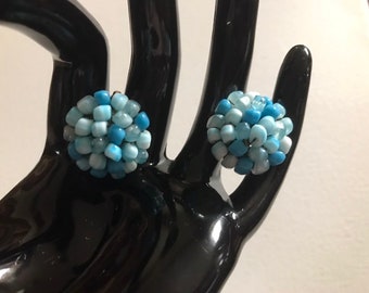 VOGUE Glass Bead Round Clip On Earrings, Shades of Blue Cluster Clip Ons, Vintage Earrings, Signed Designer