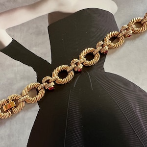 CAMROSE & KROSS JBK Gold Plated Link Bracelet, Red and Clear Crystals, 1980s Vintage
