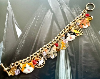 LATR 2GO A Cats Life Charm Bracelet, Lunch At The Ritz, Enamel & Crystals, 1990s Vintage