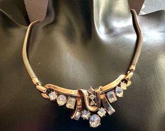 CROWN TRIFARI Gold Metal Snake Chain & Clear Rhinestone Necklace, Pat Pend, 1940s Vintage