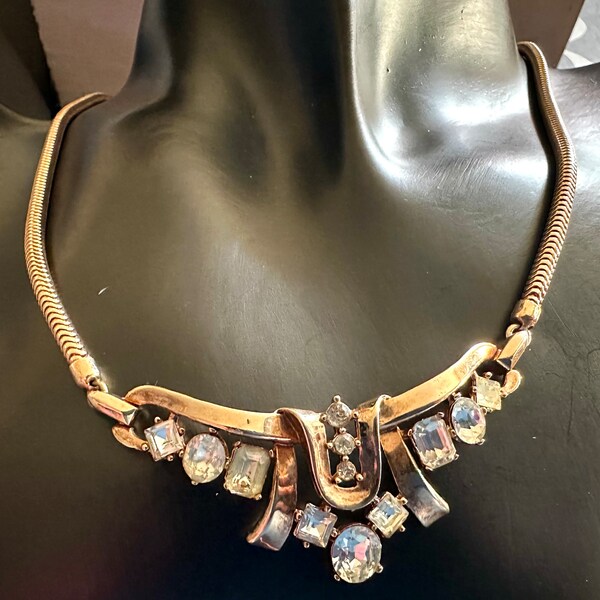 CROWN TRIFARI Gold Metal Snake Chain & Clear Rhinestone Necklace, Pat Pend, 1940s Vintage