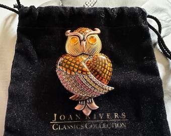 JOAN RIVERS Large Copper Tone Owl Brooch, Enamel & Crystal, Birds of Prey, Figural Pin, 1980s Vintage