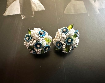 VENDOME White Glass Bead & Blue Enamel Flower Earrings, Green Glass Leaves, Combination Clip Screw Back, 1960s Vintage