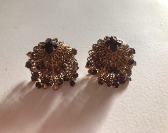 Layered Gold Filigree Metal & Amethyst Rhinestone Dangles Clip On Earrings, Vintage 1950s Earrings, Statement Piece